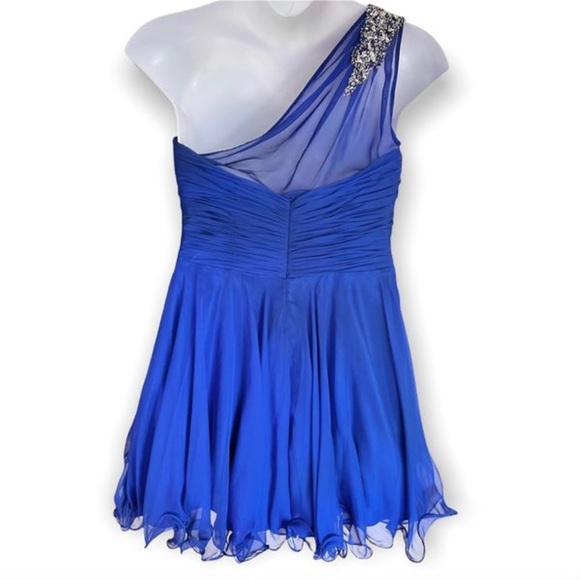 Mac Duggal One Shoulder Blue Formal Mini Dress Skater Beaded Sequins Size 14 - Picture 7 of 10